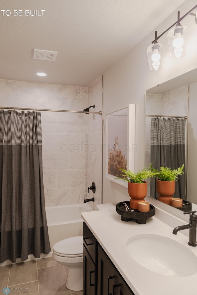 full bathroom featuring shower / tub combo with curtain, vanity, toilet, and tile flooring