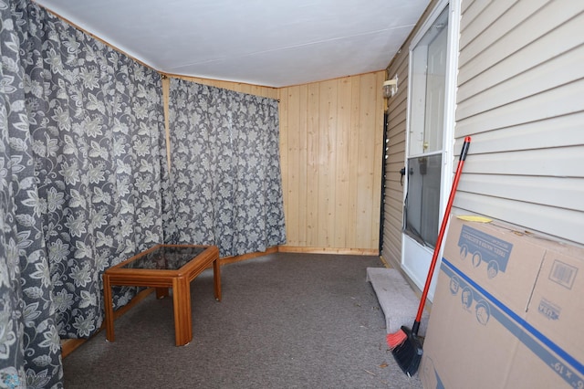 interior space with dark carpet and wood walls