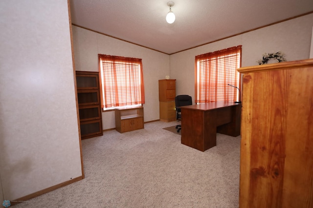 carpeted home office with a textured ceiling, lofted ceiling, and a healthy amount of sunlight