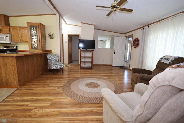 living room featuring ceiling fan, lofted ceiling, ornamental molding, a textured ceiling, and light wood-type flooring