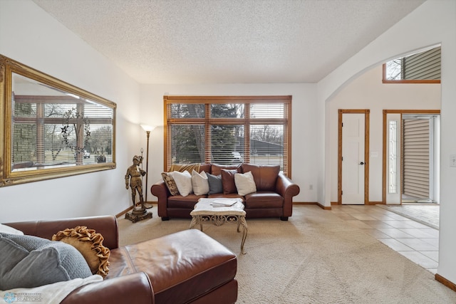 carpeted living room featuring a textured ceiling