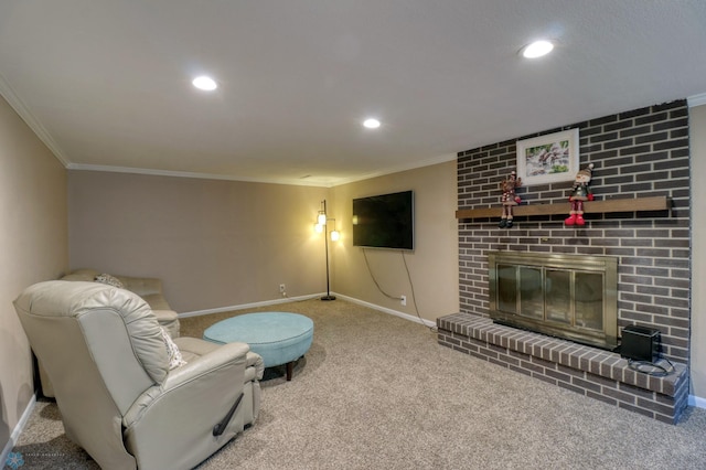 interior space featuring crown molding, a fireplace, brick wall, and carpet