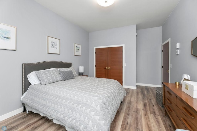 bedroom with wood-type flooring and a closet