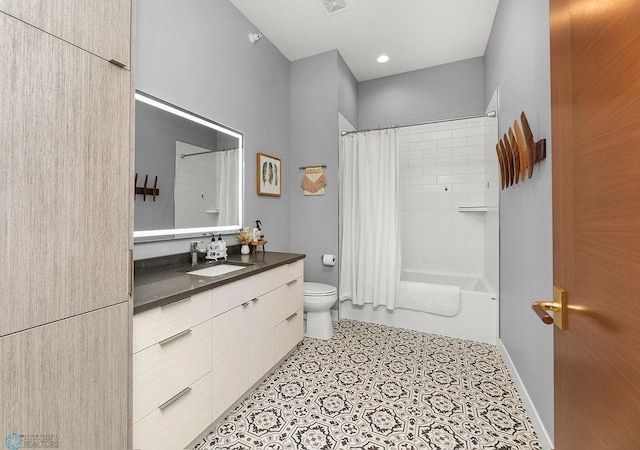 full bathroom with tile flooring, vanity, toilet, and shower / bathtub combination with curtain