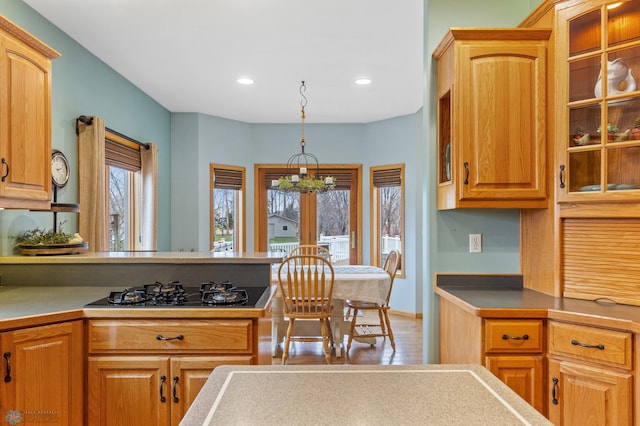 kitchen featuring hanging light fixtures, hardwood / wood-style floors, and black gas stovetop