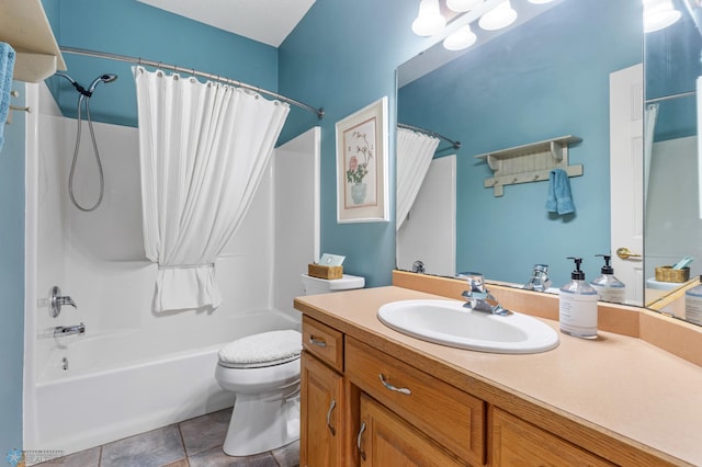 full bathroom featuring tile patterned floors, vanity, toilet, and shower / bathtub combination with curtain