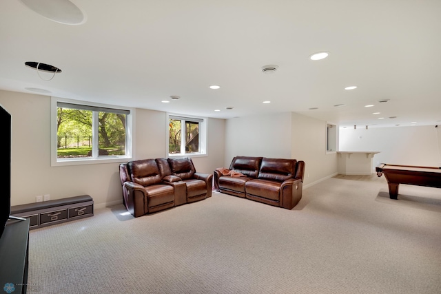 carpeted living room featuring billiards