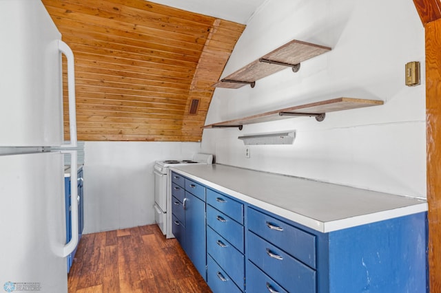 kitchen with white appliances, blue cabinetry, dark wood-type flooring, lofted ceiling, and wooden ceiling