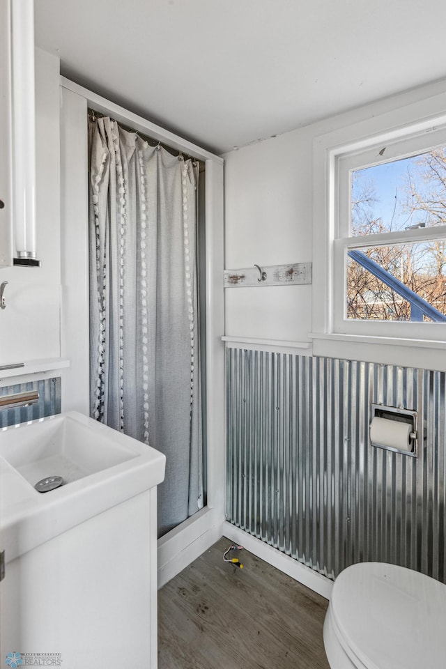 bathroom featuring wood-type flooring, a shower with shower curtain, vanity, and toilet