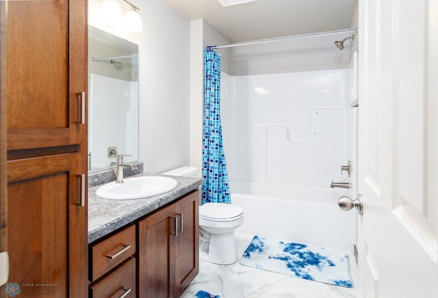 full bathroom featuring tile flooring, vanity, toilet, and shower / bathtub combination with curtain