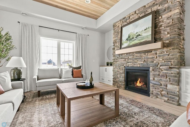 living area with hardwood / wood-style floors, a tray ceiling, and a stone fireplace