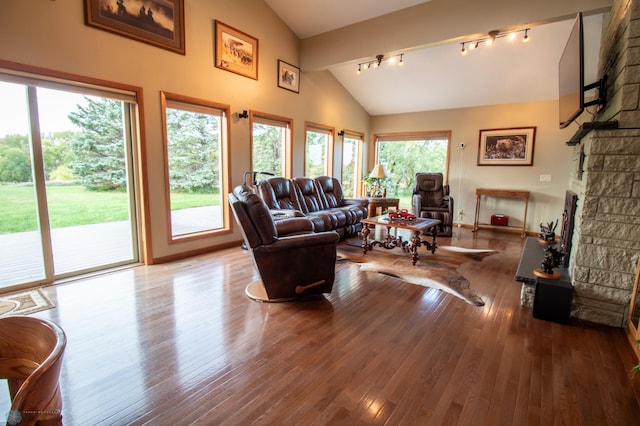 living room featuring a stone fireplace, wood-type flooring, track lighting, and high vaulted ceiling