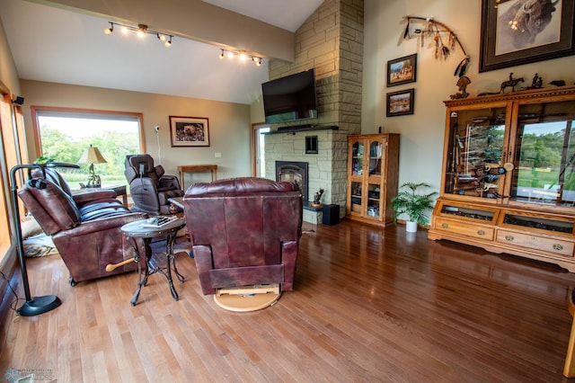 living room with a stone fireplace, wood-type flooring, lofted ceiling, and rail lighting