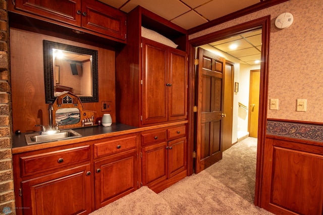 corridor with sink, a drop ceiling, and carpet floors