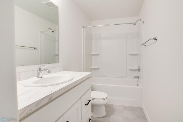 full bathroom featuring vanity, shower / bath combination, tile patterned flooring, and toilet