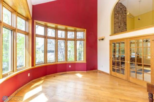 spare room featuring a healthy amount of sunlight, wood-type flooring, and high vaulted ceiling