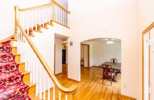 staircase with a high ceiling and light hardwood / wood-style floors