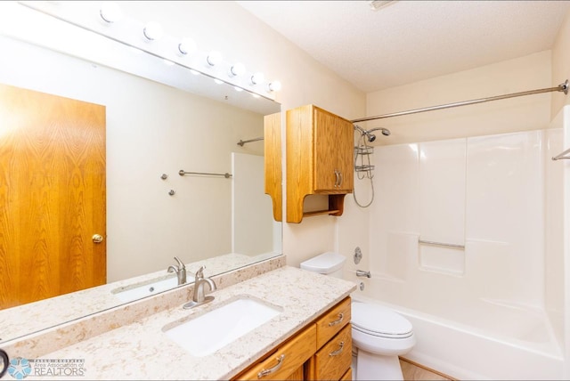 full bathroom featuring shower / tub combination, a textured ceiling, toilet, and vanity