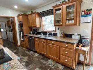 kitchen with sink, dishwasher, black electric stovetop, and dark tile flooring