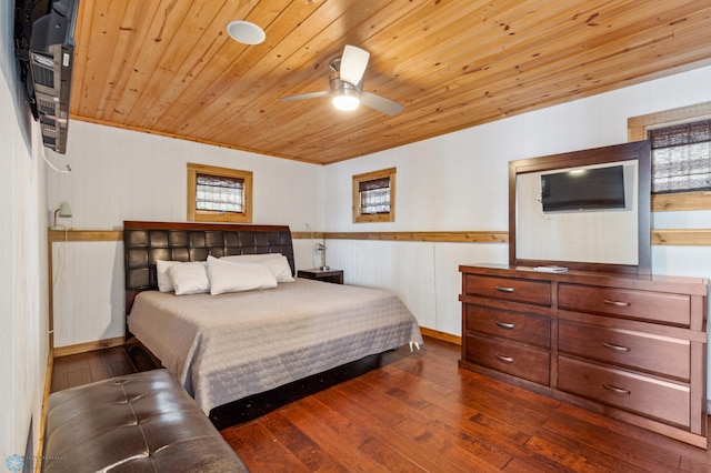 bedroom with wooden ceiling, dark hardwood / wood-style floors, and ceiling fan