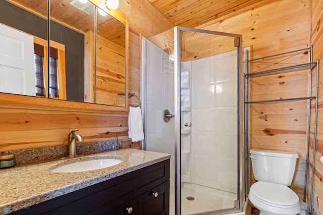 bathroom featuring wooden ceiling, toilet, vanity, and wood walls