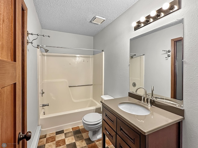 full bathroom with shower / bathing tub combination, tile patterned floors, toilet, vanity, and a baseboard heating unit