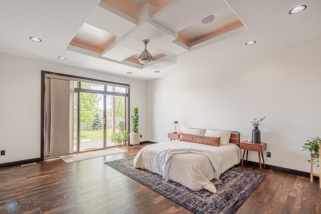 bedroom featuring dark wood-type flooring, ceiling fan, coffered ceiling, and access to exterior