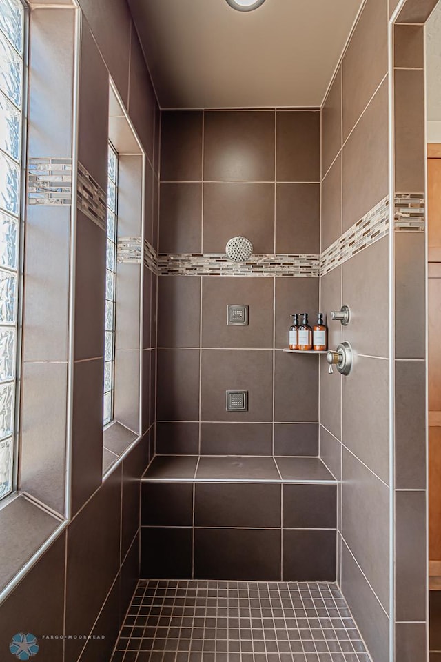 bathroom with tiled shower and a healthy amount of sunlight