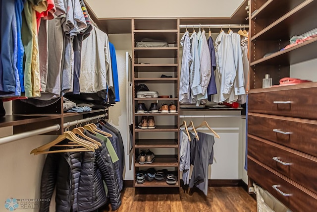 walk in closet featuring dark wood-type flooring