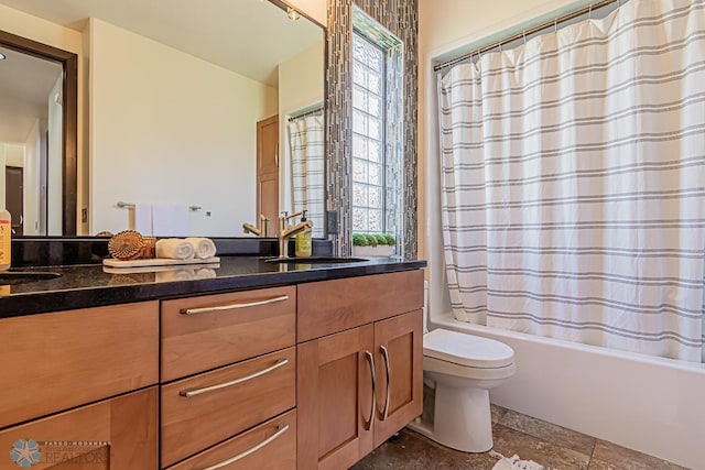 full bathroom featuring tile flooring, shower / tub combo, toilet, and vanity