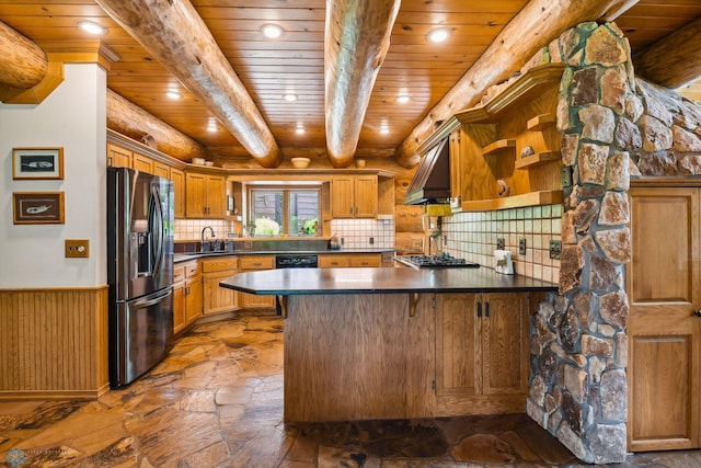 kitchen featuring beam ceiling, backsplash, wood ceiling, and stainless steel appliances