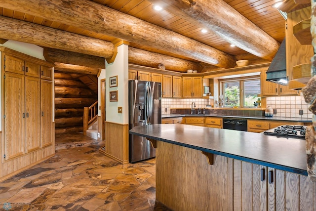 kitchen with backsplash, stainless steel refrigerator with ice dispenser, kitchen peninsula, and log walls