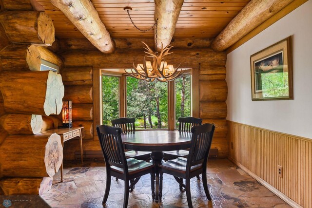 dining area featuring a notable chandelier, log walls, wooden ceiling, and beam ceiling