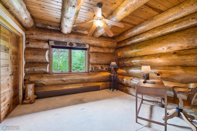 interior space with wood ceiling, rustic walls, and carpet flooring