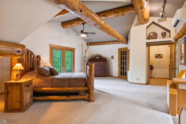 bedroom with french doors, lofted ceiling with beams, access to exterior, light colored carpet, and a wall unit AC