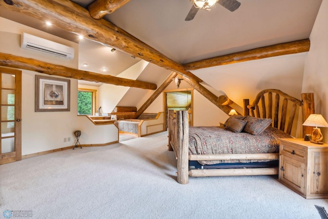 unfurnished bedroom featuring ceiling fan, vaulted ceiling with beams, a wall mounted air conditioner, and light carpet