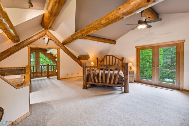 bedroom featuring access to outside, light colored carpet, high vaulted ceiling, french doors, and beamed ceiling