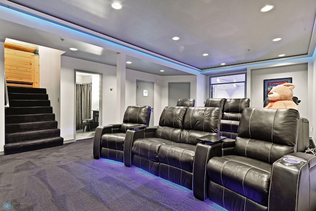 home theater featuring carpet