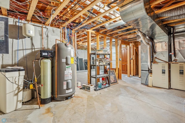 basement with water heater and heating utilities