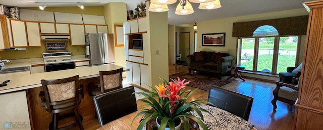 kitchen with hanging light fixtures, sink, wood-type flooring, appliances with stainless steel finishes, and an inviting chandelier