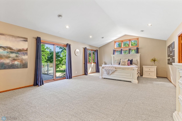 unfurnished bedroom with access to exterior, vaulted ceiling, and light colored carpet