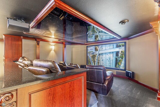 carpeted cinema featuring a textured ceiling