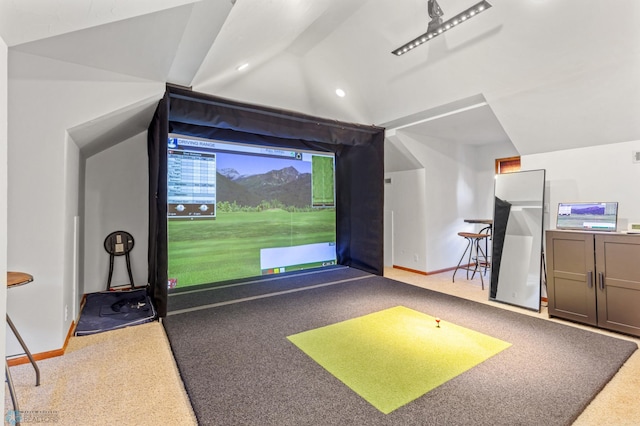 playroom featuring golf simulator and carpet flooring