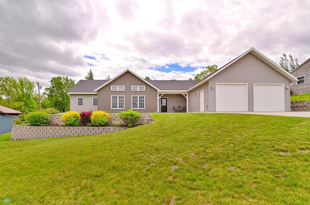 single story home with a garage and a front lawn