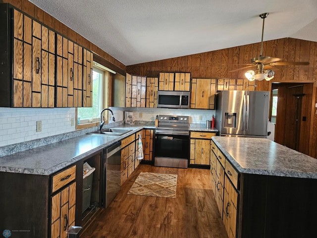 kitchen with appliances with stainless steel finishes, sink, decorative backsplash, dark hardwood / wood-style floors, and lofted ceiling