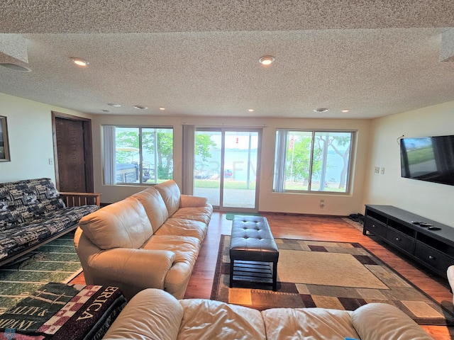 living room featuring a textured ceiling and hardwood / wood-style flooring