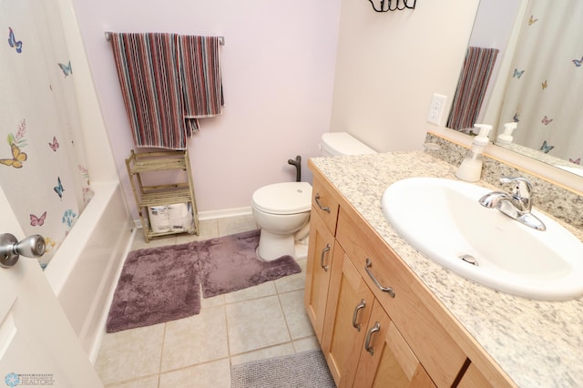 full bathroom featuring tile flooring, shower / bath combination with curtain, toilet, and vanity