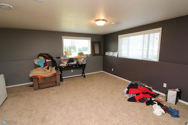 recreation room featuring a textured ceiling and carpet floors