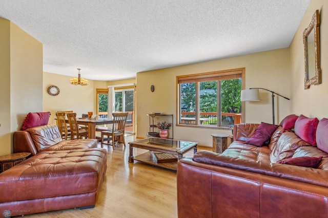 living room with a notable chandelier, a wealth of natural light, a textured ceiling, and hardwood / wood-style floors