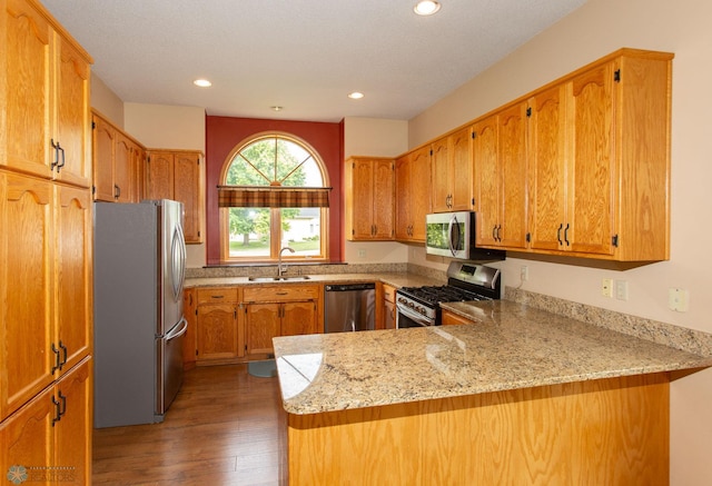 kitchen with hardwood / wood-style floors, sink, light stone counters, stainless steel appliances, and kitchen peninsula